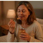 땅콩버터 먹는 중년여성