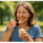 아이스크림 먹는 중년 여성